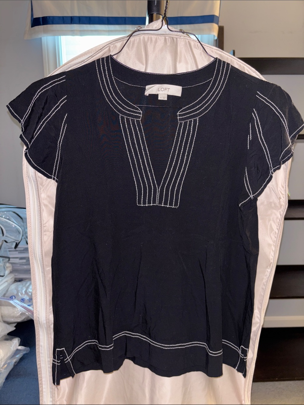 LOFT Black Blouse with White Topstitch Detail